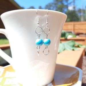 Blue Turquoise Stone Circle Dangle Silver Earrings